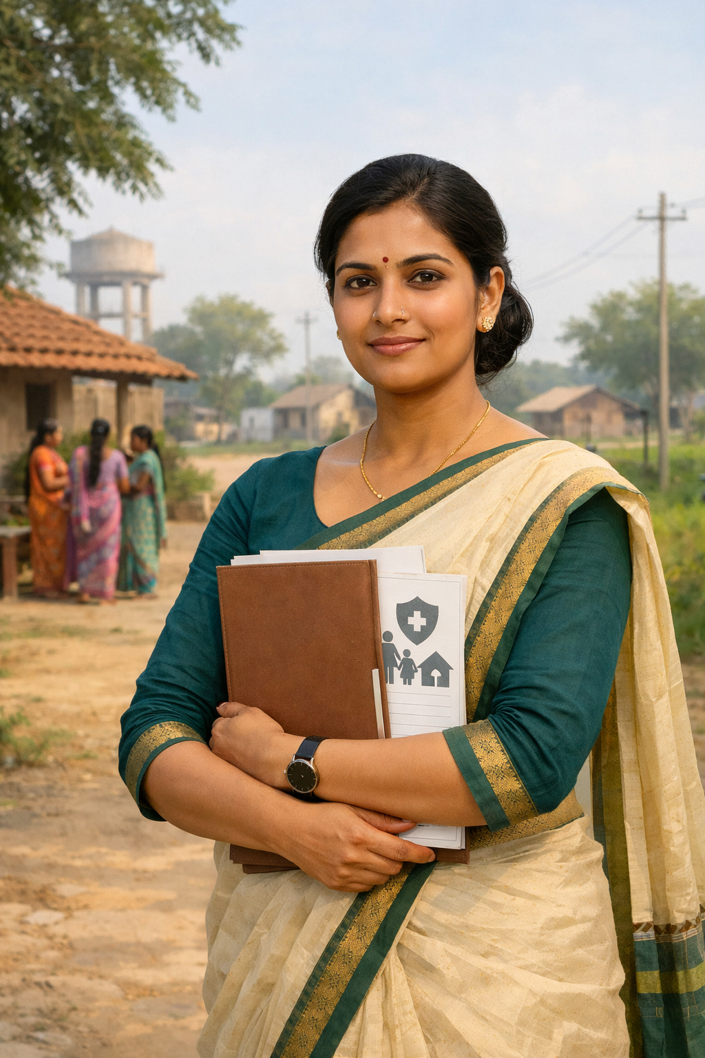 Confident Indian woman professional in a semi-urban rural setting holding official insurance documents, symbolising financial planning and women empowerment under **LIC Bima Sakhi yojana**, with a calm and trustworthy expression in a modern yet traditional Indian environment. 