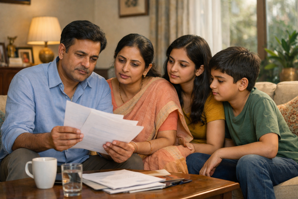 **Alt text:** Indian middle-class family sitting together in their living room, carefully reviewing health and life insurance documents with expressions of curiosity and concern, reflecting household financial planning amid discussions around *Insurance Premium GST Cut 2025*, calm and trustworthy home setting.