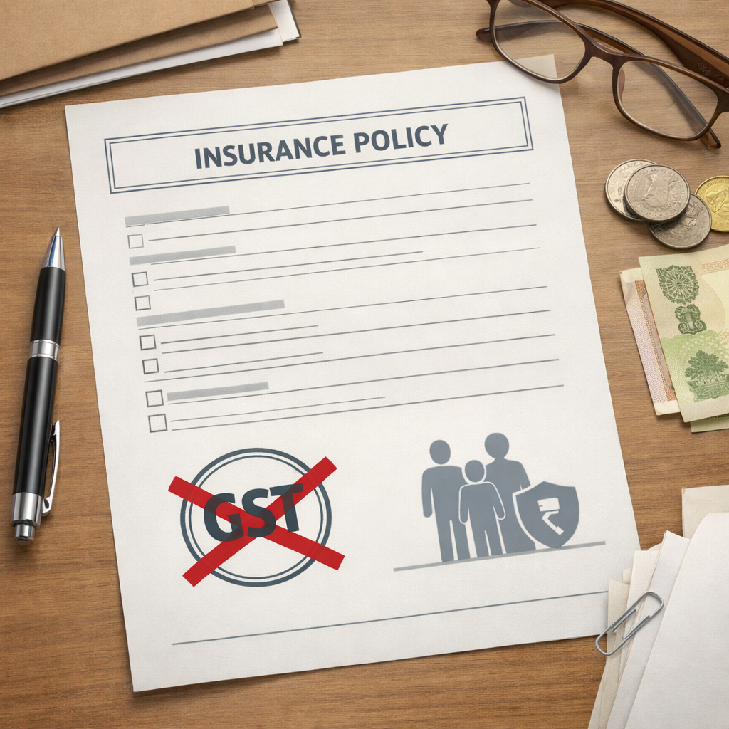 Alt text: Clean realistic illustration of an Indian insurance policy document on a desk with a GST stamp crossed out, symbolizing policy reform and cost relief under Insurance Premium GST Cut 2025, shown in a neutral professional Indian context.