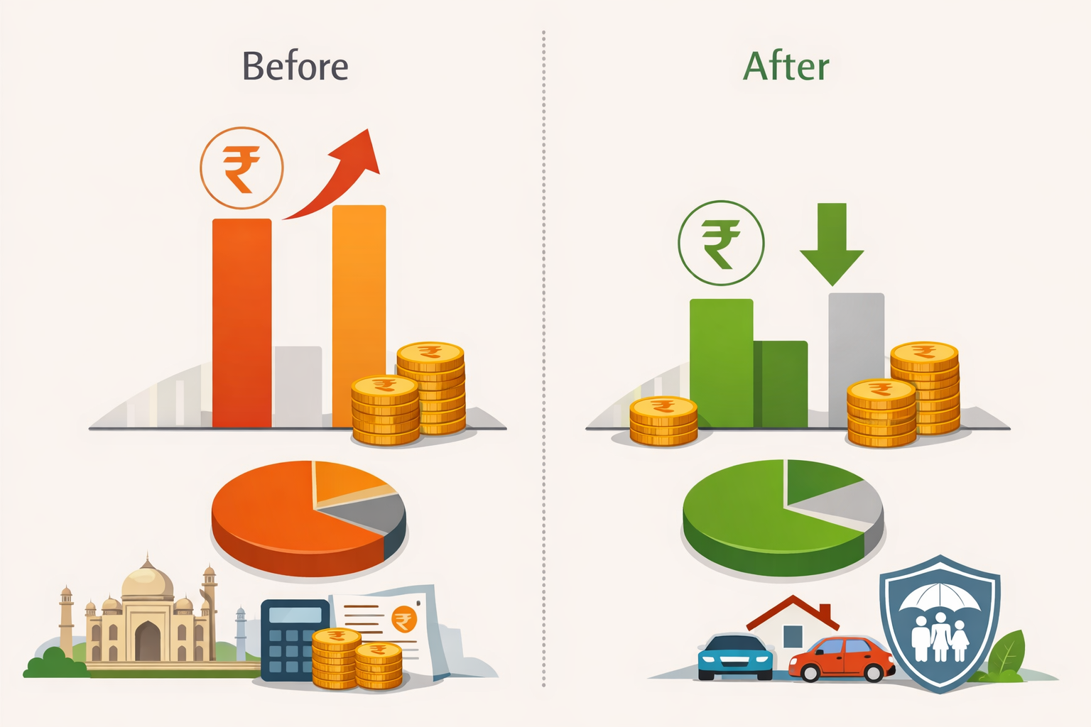 **Alt text:**
Infographic-style illustration showing a comparison of insurance premiums before and after GST removal, with rupee symbols, simple bar and pie charts, and an Indian financial context, visually explaining the impact of the **Insurance Premium GST Cut 2025** through reduced costs and improved affordability.
