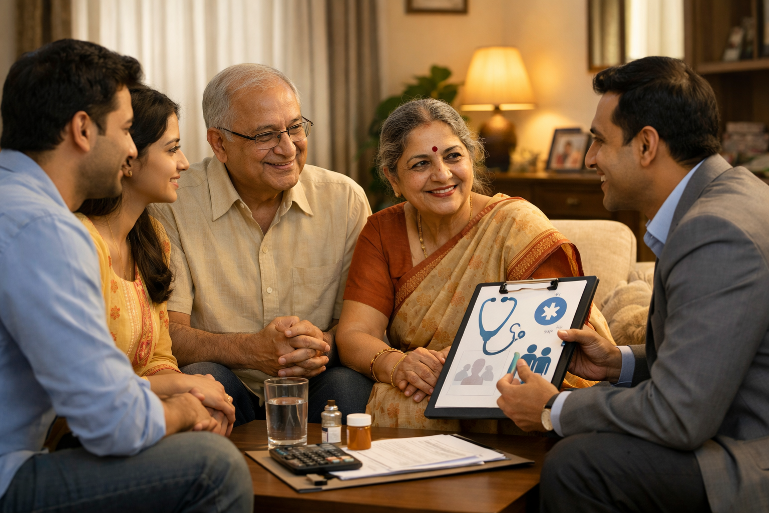 A realistic illustration of an Indian senior citizen couple and their family discussing health insurance with an advisor at home, conveying a reassuring and informative atmosphere, highlighting the topic of Insurance Premium GST Cut 2025, set in a warm, soft-lit Indian household