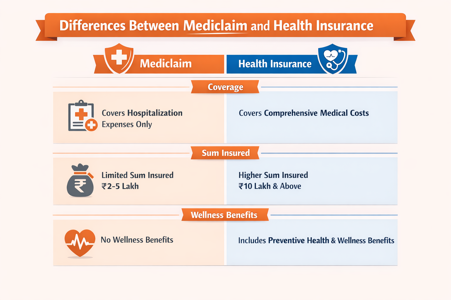 Comparison infographic showing the differences between mediclaim and health insurance, highlighting coverage scope, sum insured limits, and wellness benefits in India.