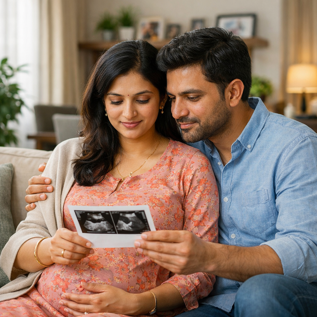 Indian expecting couple sitting in a modern living room reviewing a pregnancy scan report together, calm and thoughtful moment highlighting fetal health insurance in India and early healthcare planning.
