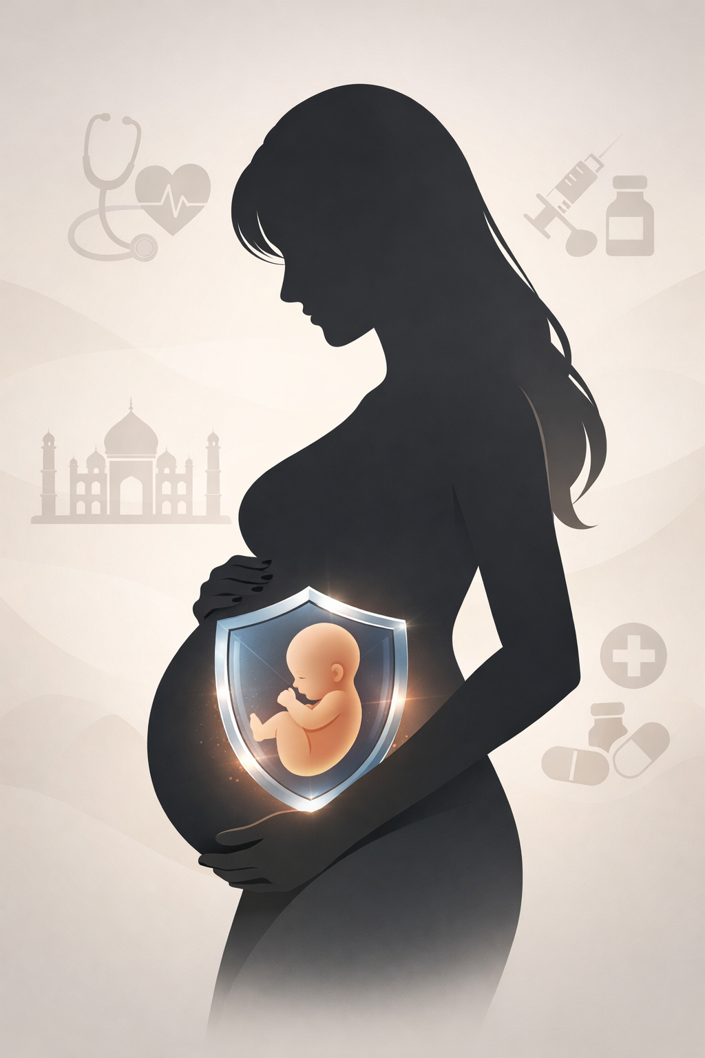 **Alt text:**
Clean conceptual illustration of a pregnant woman’s silhouette with a protective medical shield around the unborn baby, symbolizing safety and coverage, representing fetal health insurance in India within a minimal, professional Indian healthcare context.
