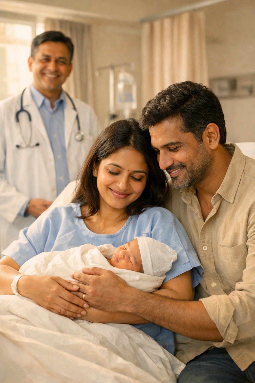 Warm and realistic scene of an Indian couple holding their newborn baby in a hospital room, smiling doctor in the background, celebrating a healthy birth, symbolizing fetal health insurance in India.