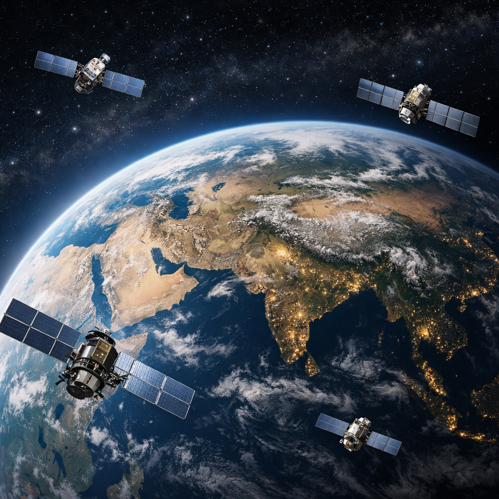 **Alt text:** Realistic illustration of Earth viewed from space with the Indian subcontinent clearly visible, multiple modern satellites with solar panels orbiting the planet, soft lighting and high detail, representing satellite operations and risk coverage relevant to Tata AIG space insurance for satellites.