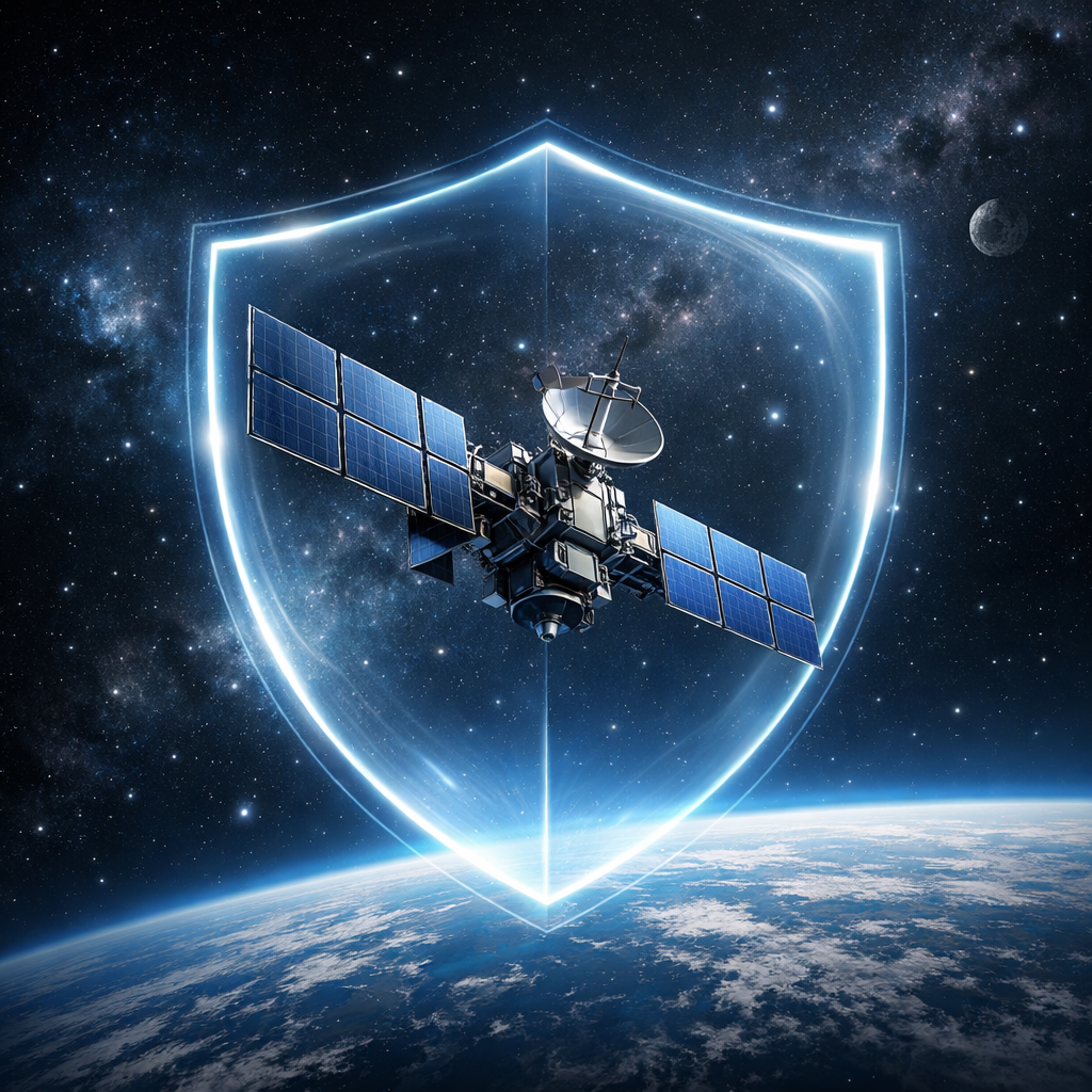 Conceptual illustration of a satellite in Earth’s orbit surrounded by a glowing protective shield icon, symbolizing risk protection and coverage, set against a deep outer space background, representing **Tata AIG space insurance for satellites**.
