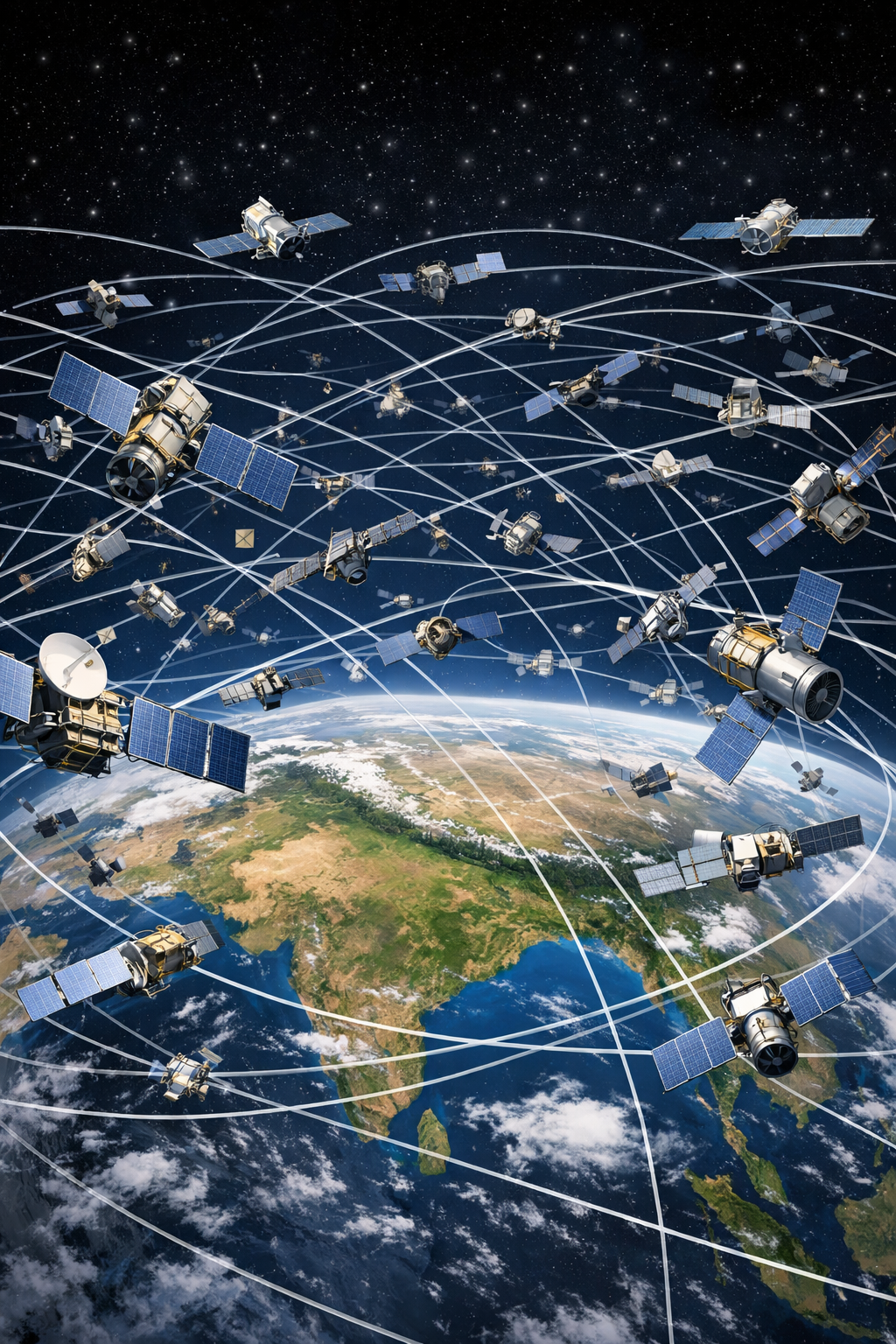 Alt text:
*Illustration showing multiple satellites densely crowded in Low Earth Orbit above India, with overlapping orbital paths creating a sense of congestion and space traffic risk, clean scientific visualization highlighting the need for tata aig space insurance for satellites.*
