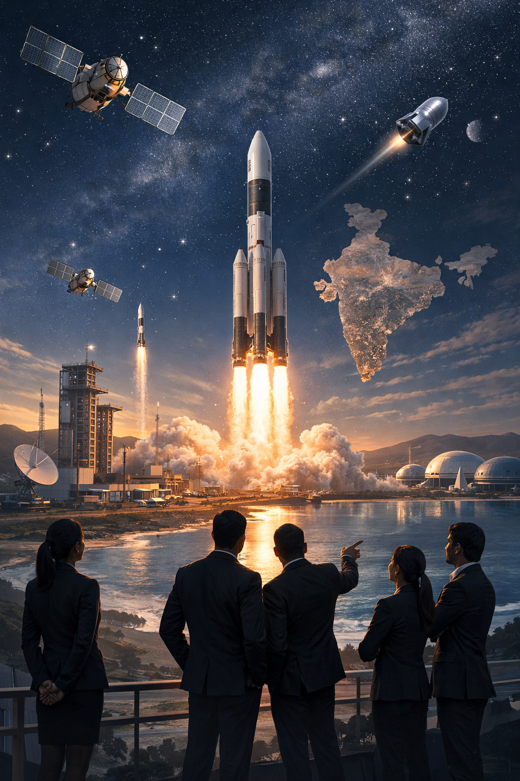 **Alt text:**
Professional illustration showing India’s growing space industry with a rocket launching from an Indian spaceport, multiple satellites in orbit, and silhouettes of private-sector professionals observing, symbolizing innovation, commercial participation, and risk protection in the context of **Tata AIG space insurance for satellites**.
