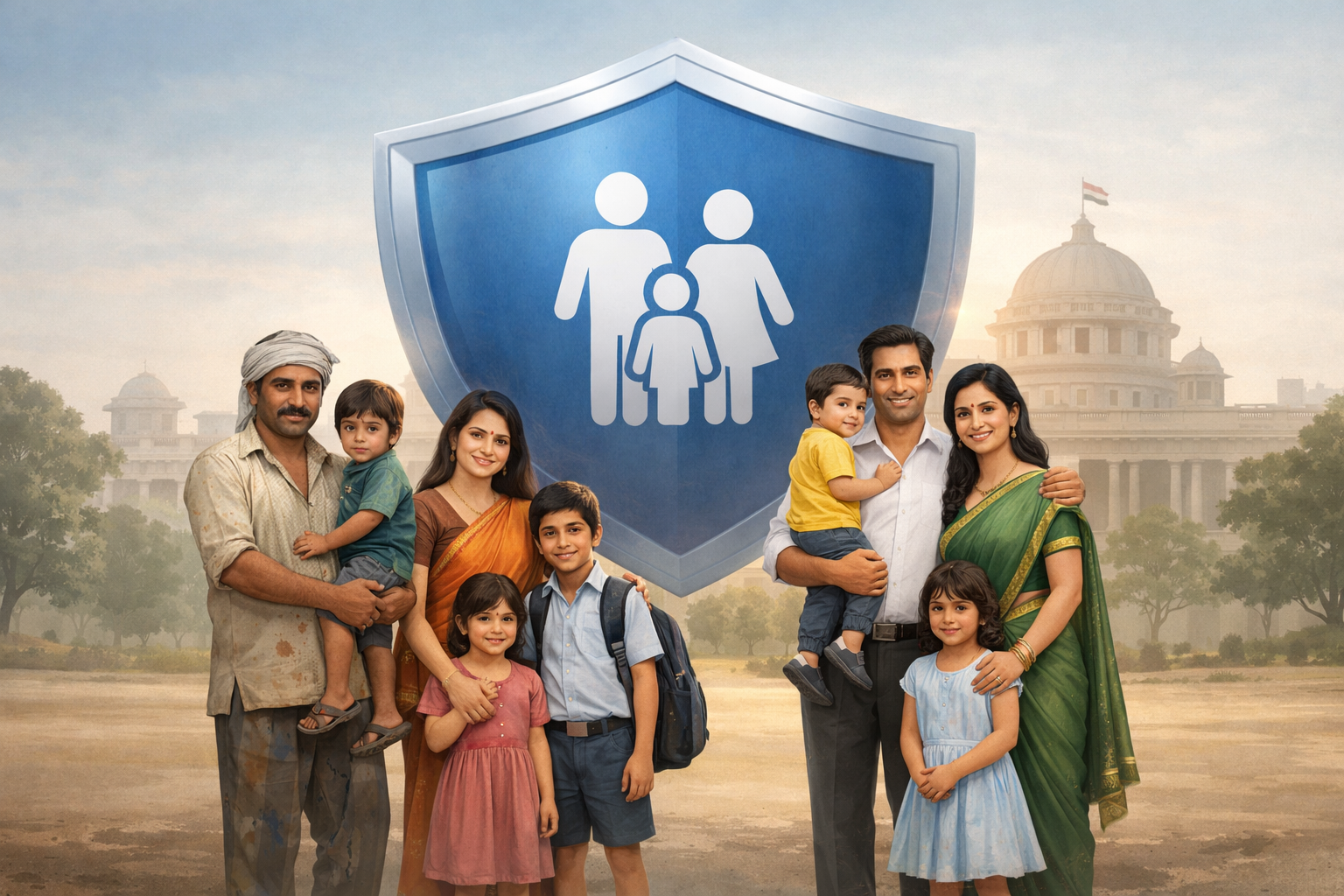 Illustration of Indian families from different income groups protected by a symbolic insurance shield, with a subtle government building in the background, representing the PMJJBY life insurance scheme and financial security for families.