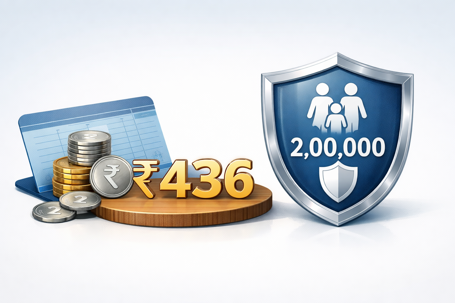Conceptual illustration showing affordability of the PMJJBY life insurance scheme, with ₹436 annual premium symbolized by coins and an Indian savings bank passbook contrasted against ₹2,00,000 life cover represented by a protective shield and family icon.