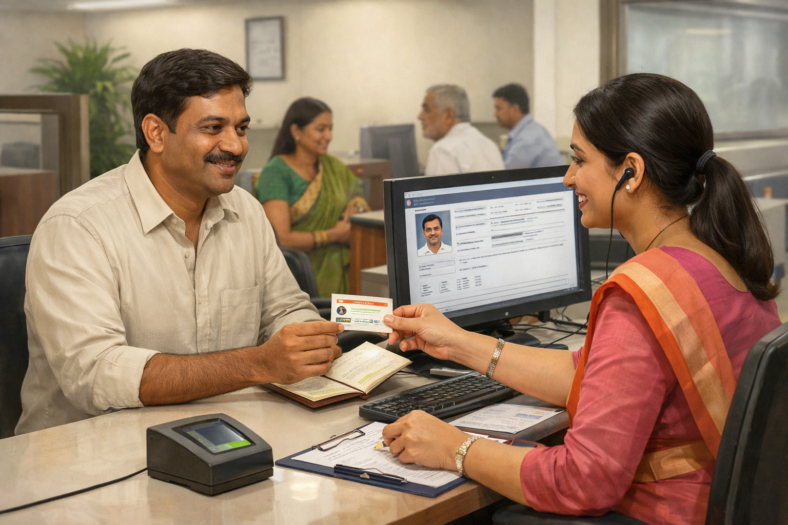 Indian citizen enrolling for the PMJJBY life insurance scheme at a bank counter using an Aadhaar-linked bank account, showing a realistic and trustworthy government service environment.