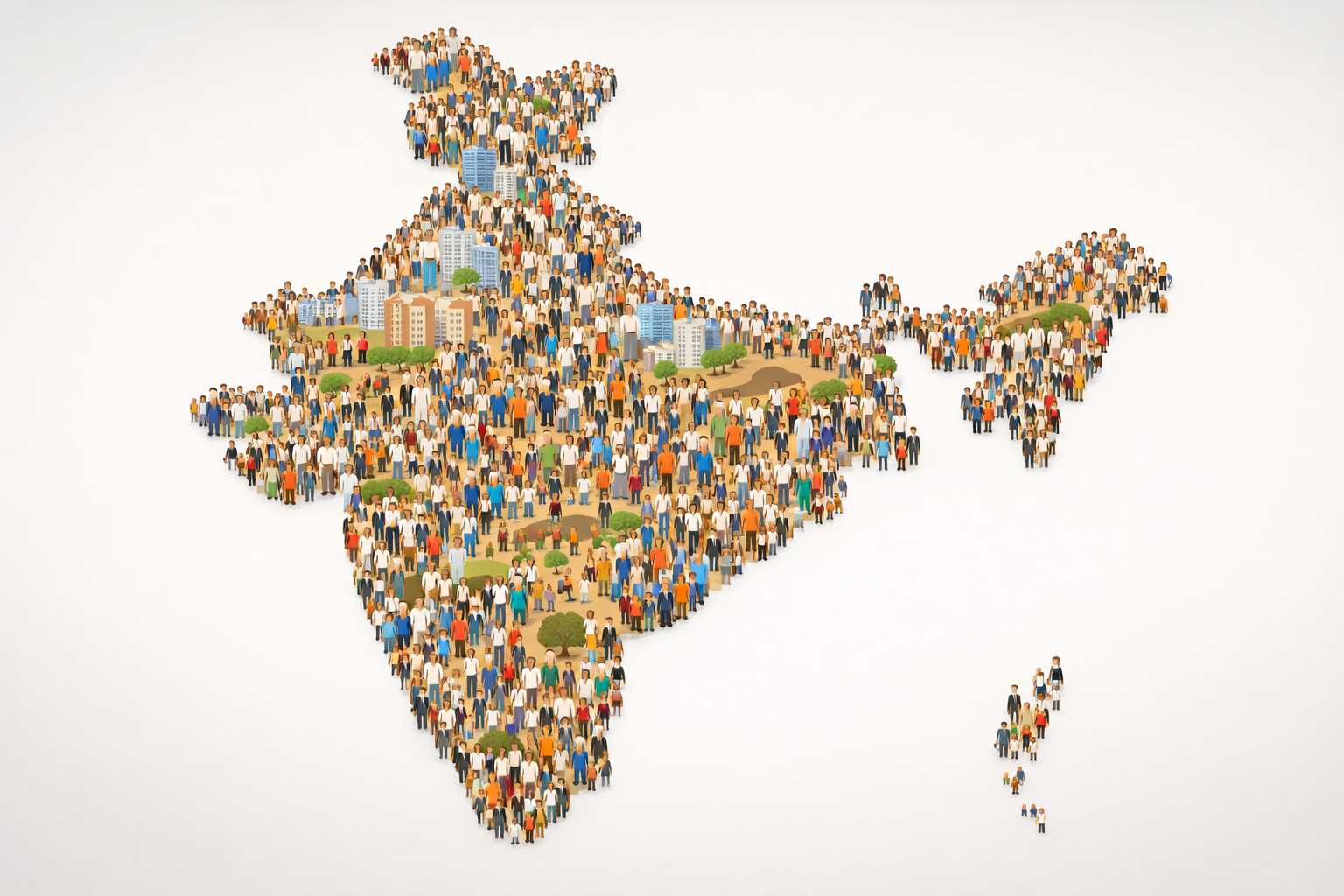 Illustration of India’s map filled with human icons representing millions of beneficiaries covered under the PMJJBY life insurance scheme, showing its wide reach across urban and rural areas.