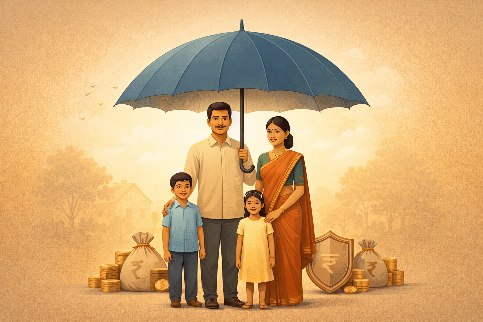Conceptual illustration of an Indian family under a protective umbrella symbolizing financial security and peace of mind provided by the PMJJBY life insurance scheme