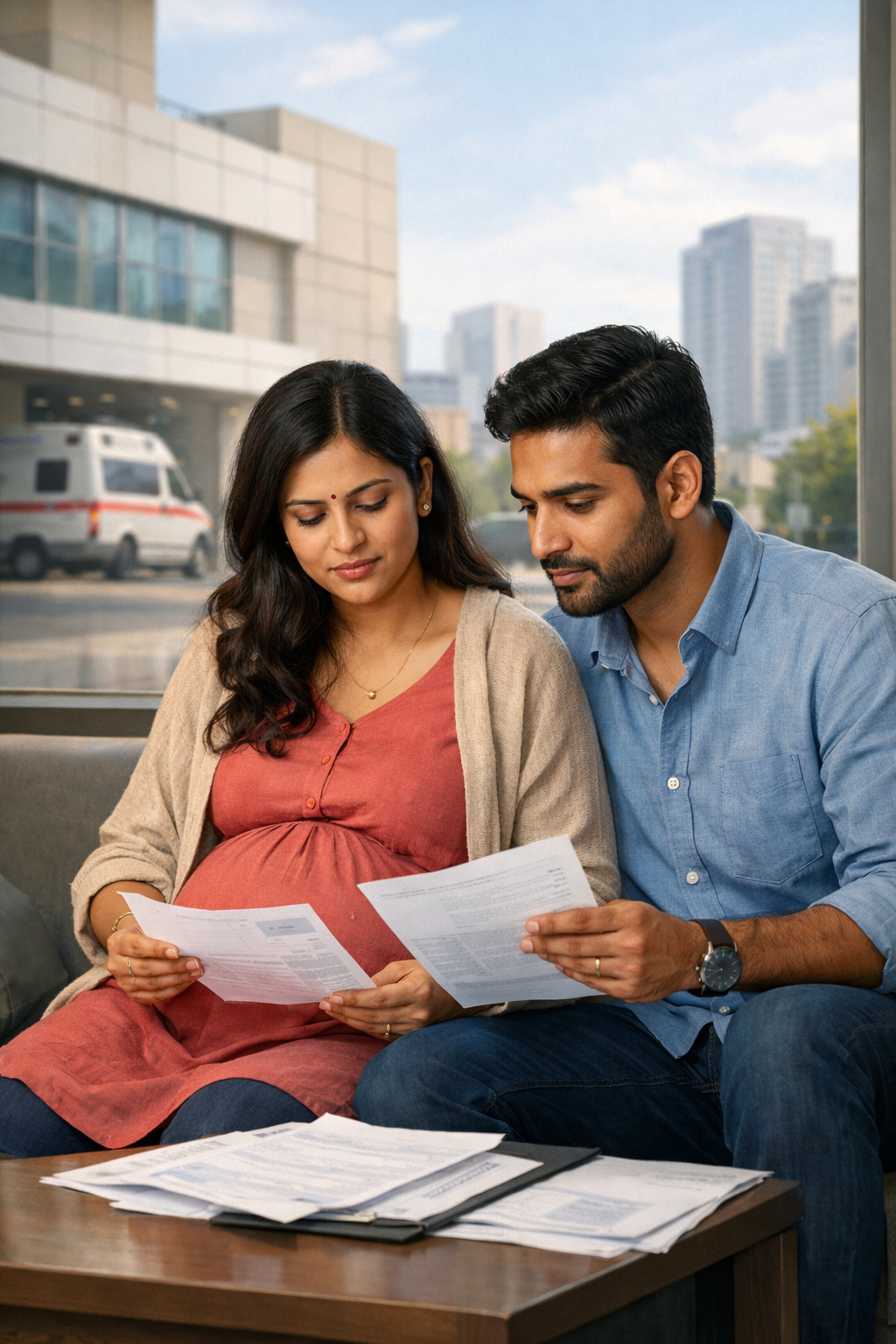 Indian couple expecting a baby reviewing hospital bills and policy papers in a modern urban setting, highlighting the need for maternity insurance with no waiting periods in India.
