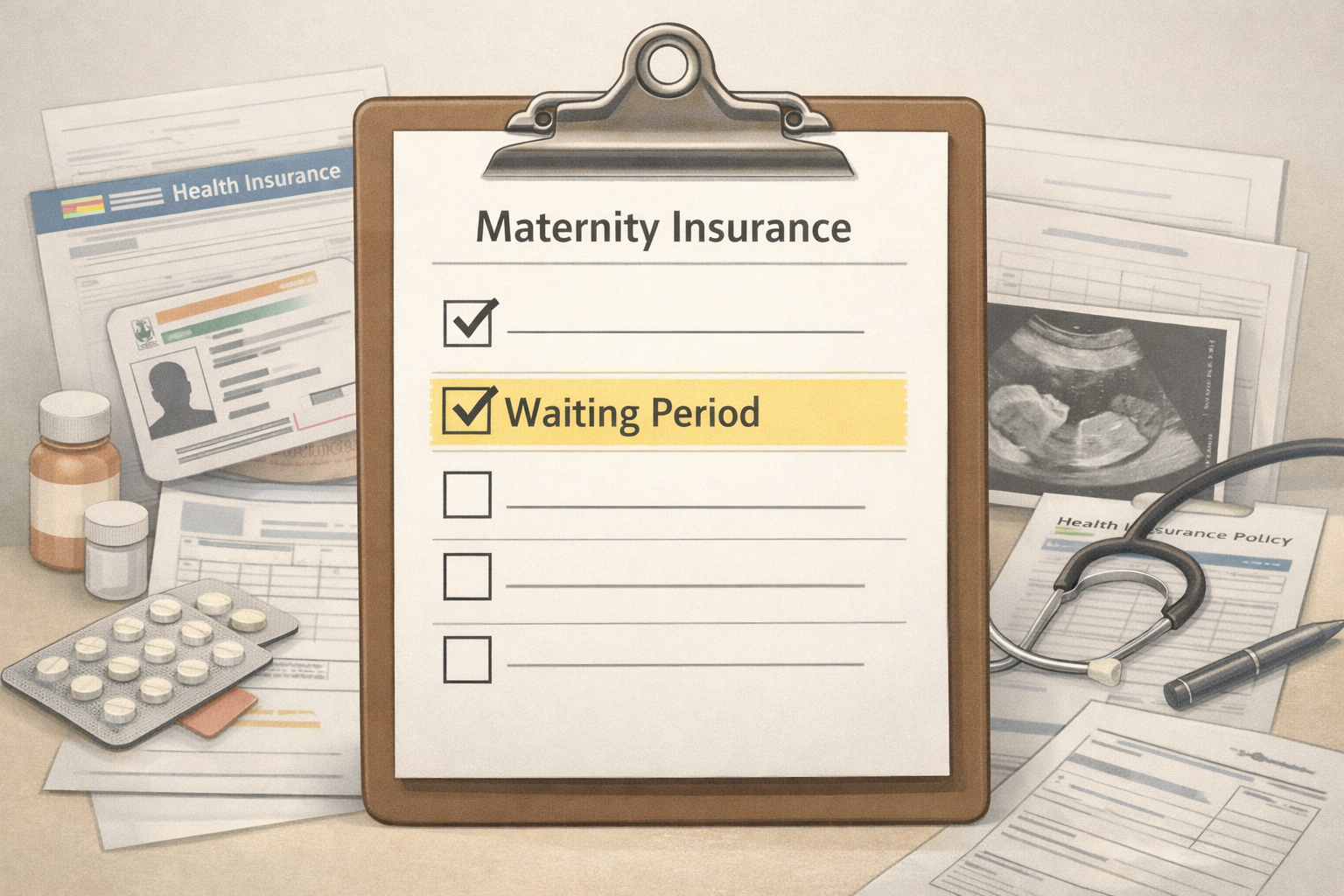 Alt text: **Conceptual illustration of maternity insurance with no waiting periods in India, showing a checklist where the waiting period item is highlighted, surrounded by Indian health insurance documents and medical papers in a clean, professional educational style.**
