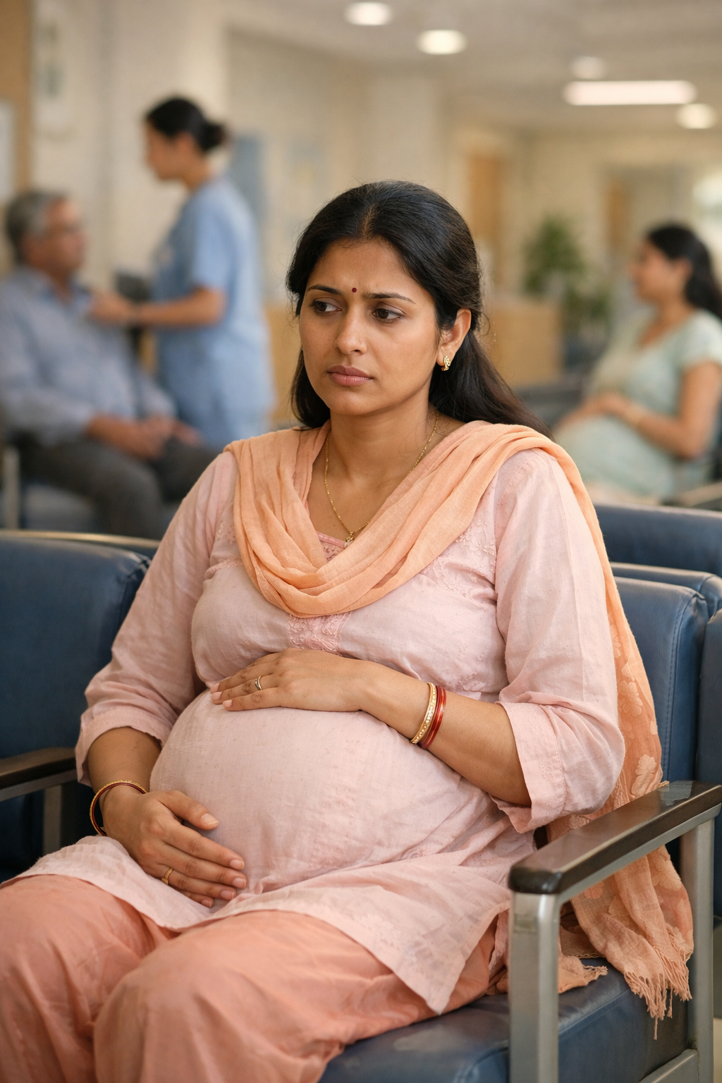 Pregnant Indian woman sitting in a hospital waiting area with a concerned expression, highlighting the need for maternity insurance with no waiting periods in india during unexpected pregnancy-related medical situations.