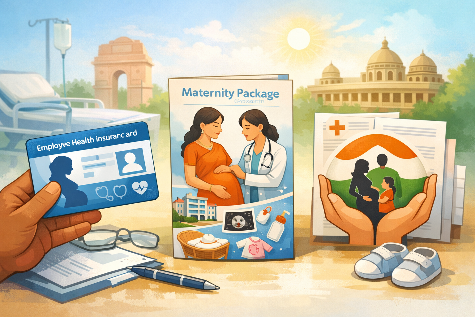 Illustration showing different maternity care options in India, including employer health insurance coverage, hospital maternity package brochures, and government healthcare support, helping families compare maternity insurance with no waiting periods in India.