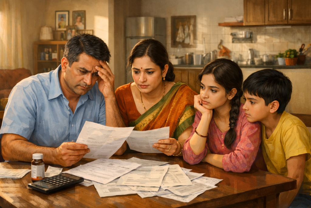 Indian family in a modest home reviewing medical bills and insurance documents with concern, highlighting financial stress and awareness around PMSBY Eligibility for affordable accident insurance coverage.