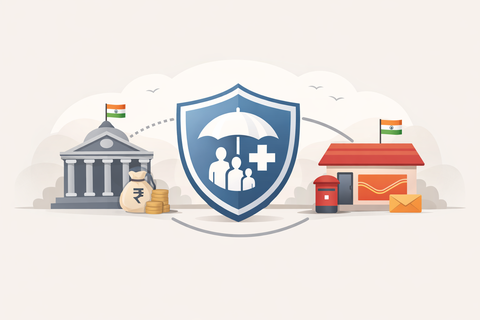 Illustration showing Indian bank and post office institutions connected to an insurance shield, representing government-backed accident insurance coverage and highlighting PMSBY eligibility in India.
