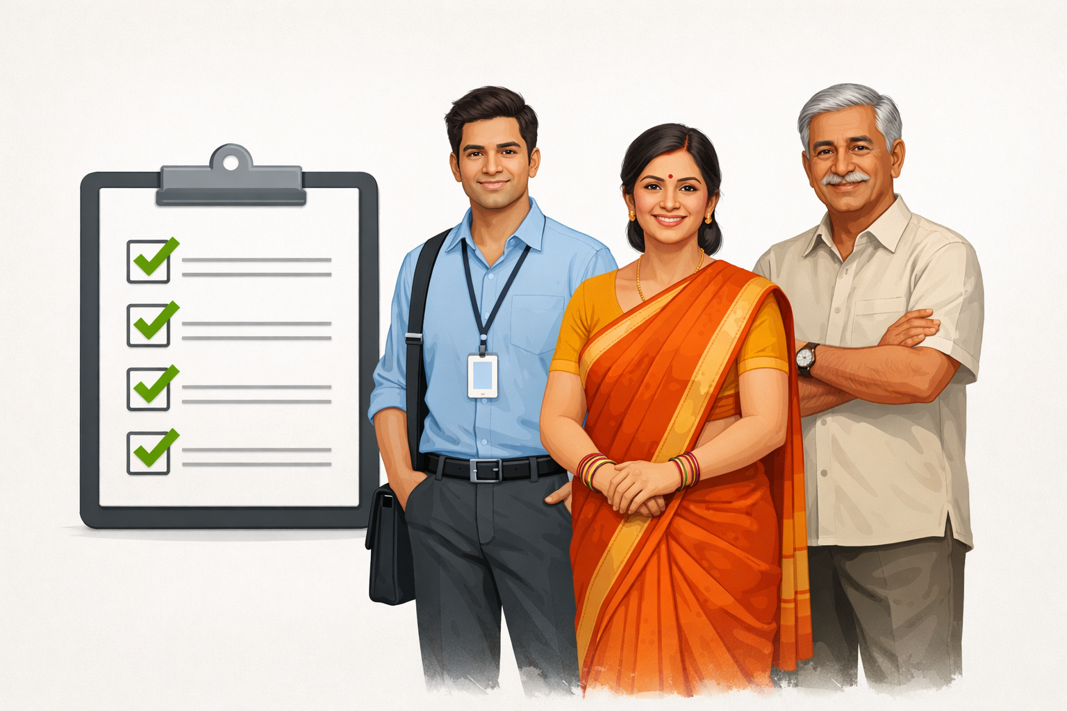 **Alt text:**
Conceptual illustration showing diverse Indian adults from different age groups—a young worker, a homemaker, and a senior citizen under 70—standing beside a checklist icon, visually representing **PMSBY Eligibility** in a clean, professional Indian insurance context.
