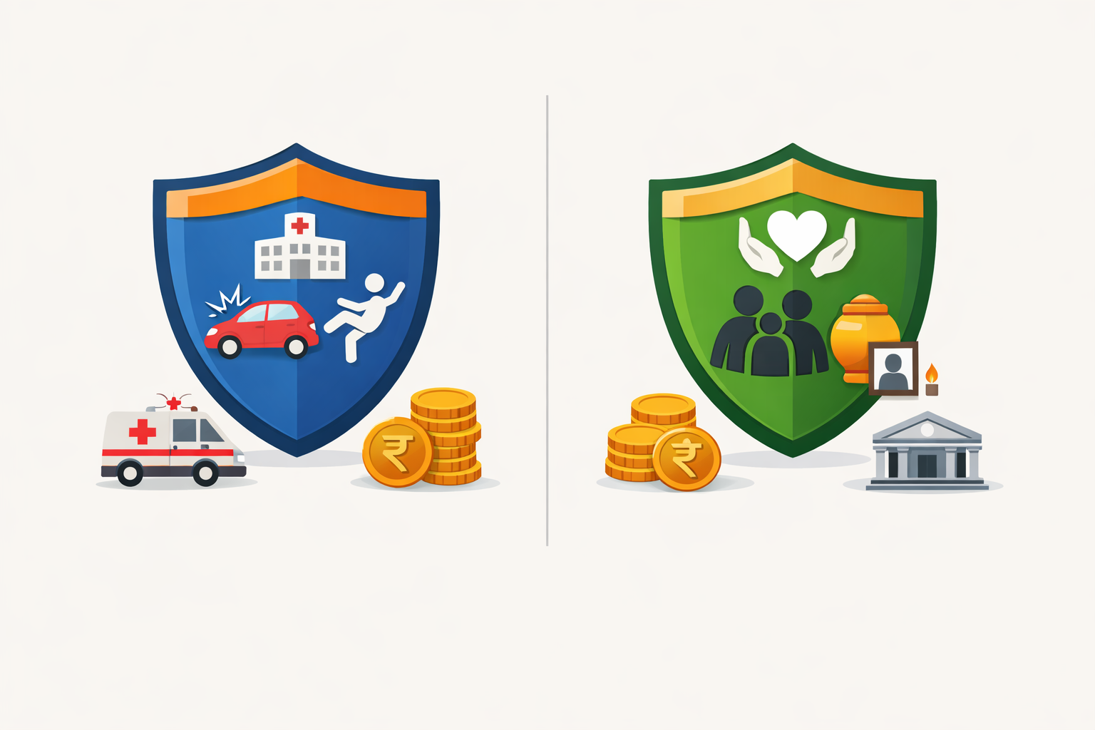 Clean infographic-style illustration comparing two insurance shields side by side, representing accident cover and life cover in an Indian banking context, highlighting key elements such as hospital, ambulance, family, and financial icons, conceptually linked to PMSBY eligibility