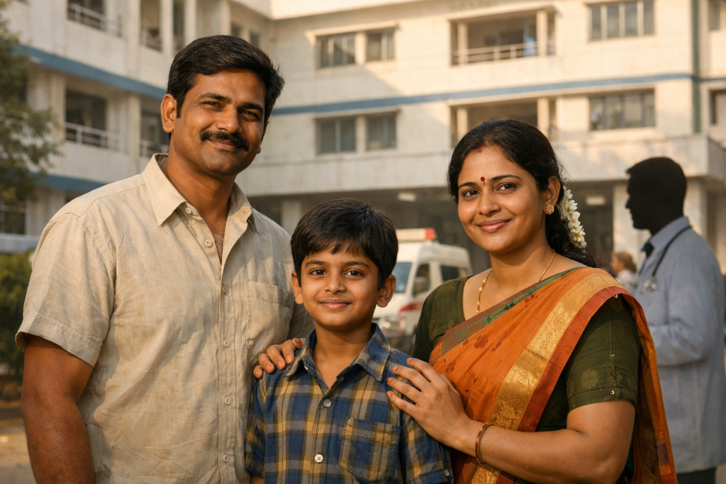 Alt text: A Tamil Nadu family—father, mother in a traditional saree, and their young son—standing outside a government hospital, looking relieved and hopeful, with a doctor silhouette and hospital building in the background, representing cmchis Tamil Nadu in a realistic Indian healthcare setting.