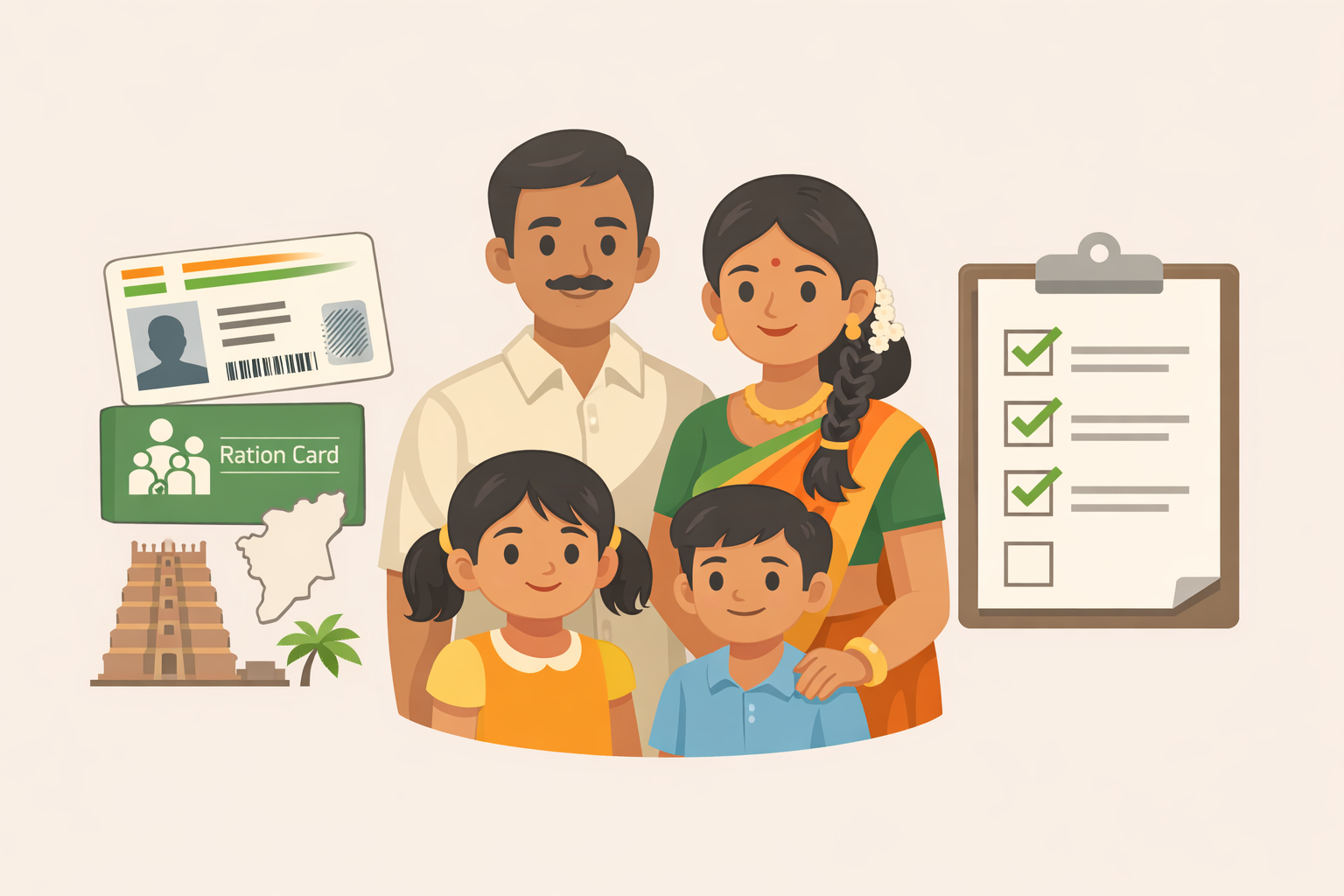 Alt text: "Flat-style illustration of a South Indian family of four with ID documents like Aadhaar card and ration card icons, a checklist beside them, and Tamil Nadu symbols, representing cmchis Tamil Nadu in an educational and professional context."
