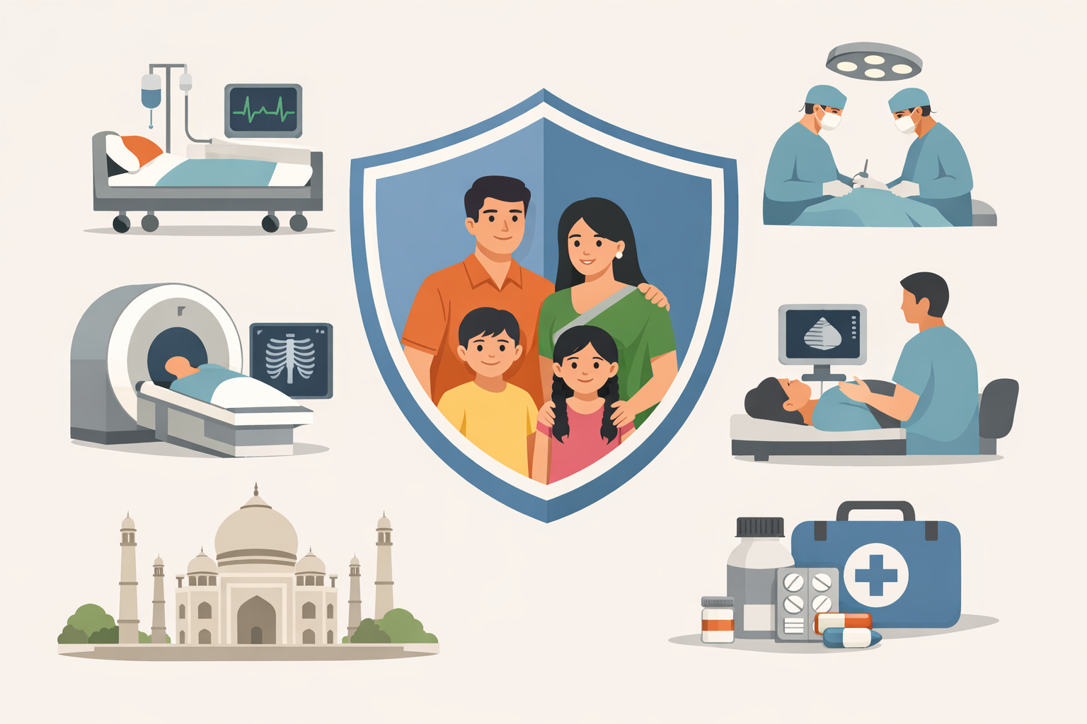 Minimalist digital illustration showing an Indian family protected by a large insurance shield, surrounded by medical icons like hospital bed, surgery, diagnostic tests, and medicines, representing healthcare coverage in India, with the focus on cmchis Tamil Nadu.
