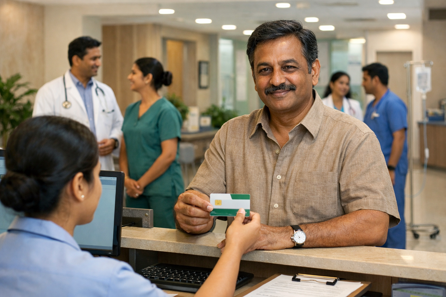 Alt text: "An Indian man in his late 40s at a hospital reception desk showing a smart card to a receptionist, with doctors and hospital staff in the background, representing a modern Indian healthcare setting, conceptually illustrating cmchis Tamil Nadu."
