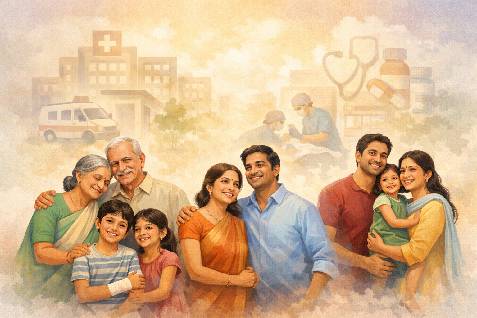 Alt text: "Conceptual illustration showing multiple Indian families from different age groups looking relieved after receiving medical treatment, with hospital icons and healthcare symbols fading into the background, representing access to affordable healthcare, highlighting cmchis Tamil Nadu."
