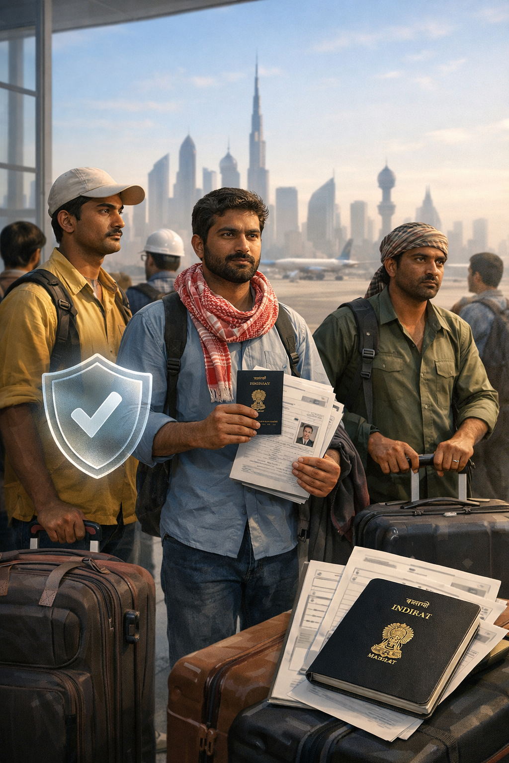 Indian migrant workers at an international airport holding suitcases, Indian passports, and work documents with a subtle insurance shield symbol and Gulf skyline in the background, illustrating Pravasi Bharatiya Bima Yojana benefits and limits for overseas Indian workers.