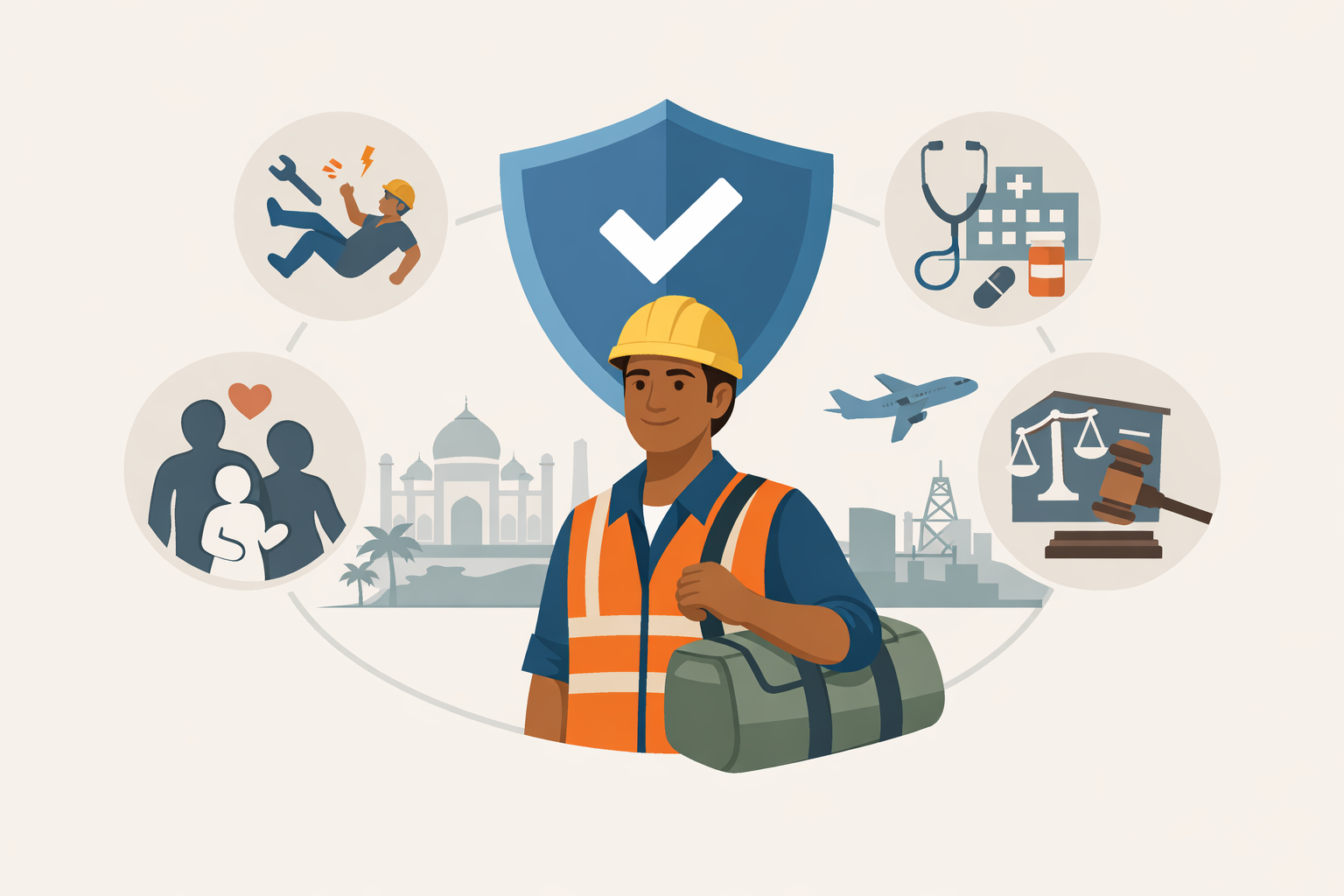 **Alt text:** Minimalist infographic-style illustration of an Indian migrant worker protected by an insurance shield, with icons showing accident cover, medical treatment, family support, maternity care, and legal assistance, representing *Pravasi Bharatiya Bima Yojana benefits and limits* in an overseas work and Indian healthcare context.
