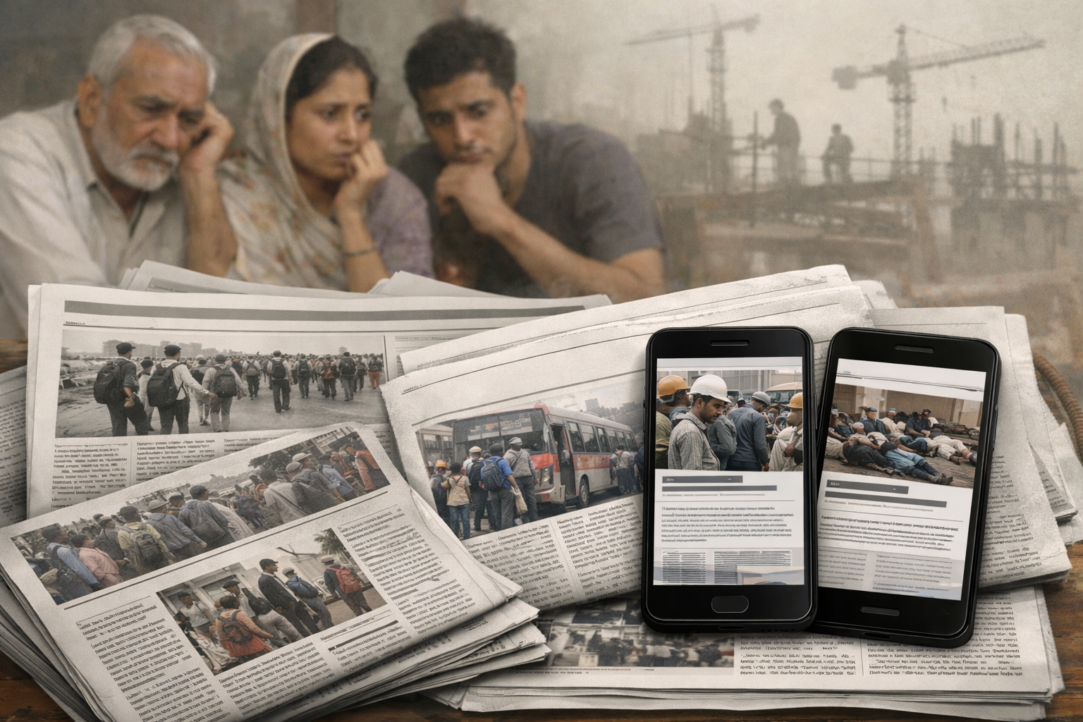 Alt text: "Editorial-style illustration showing Indian newspapers and smartphones highlighting migrant worker issues, with concerned family members in the background and faint overseas construction silhouettes, symbolizing Pravasi Bharatiya Bima Yojana benefits and limits in a realistic journalistic context."
