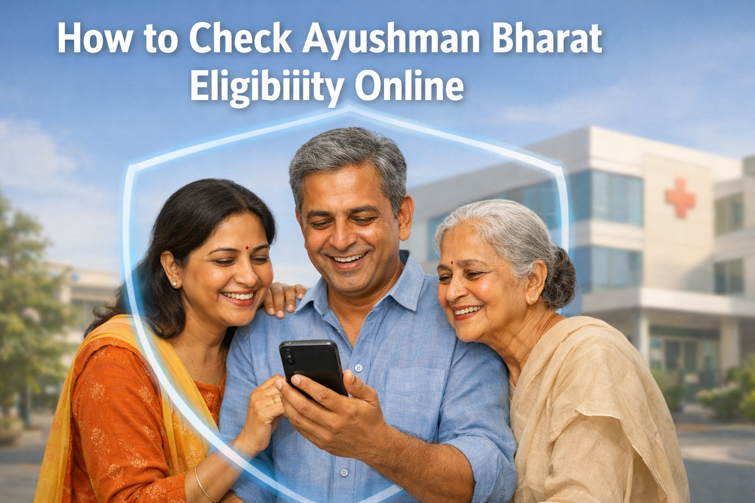 Realistic editorial-style illustration showing an Indian middle-aged couple with an elderly parent looking relieved while checking a smartphone in front of a hospital, symbolizing healthcare security, with the headline ‘How to Check Ayushman Bharat Eligibility Online’ displayed clearly at the top