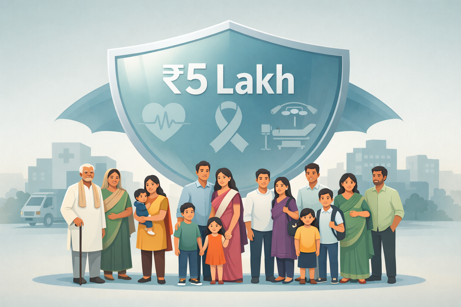 Clean conceptual illustration of Indian families from different age groups standing under a protective ₹5 lakh healthcare coverage shield with hospital and treatment icons, representing government health insurance support and explaining How to Check Ayushman Bharat Eligibility Online for families across India. 