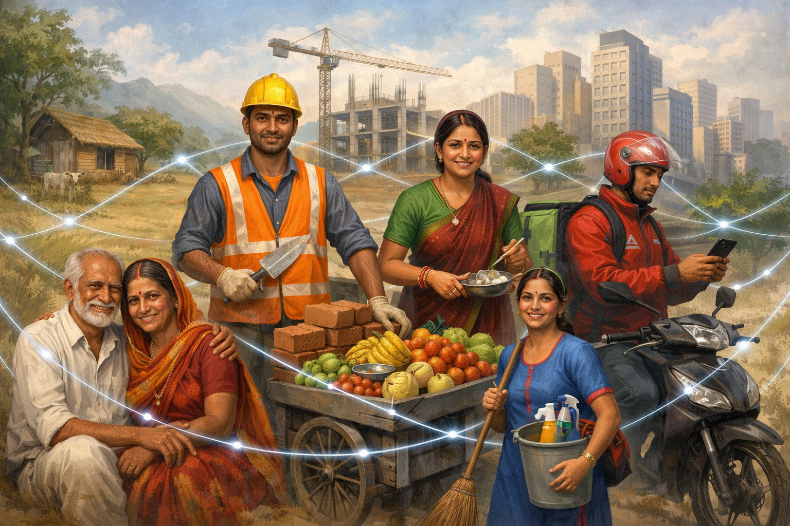 **Alt text:** Informative illustration showing diverse Indian informal workers and families—an elderly couple, construction worker, street vendor, domestic worker, and a gig delivery rider—connected by a subtle healthcare safety net across blended rural and urban settings, helping explain **How to Check Ayushman Bharat Eligibility Online**. 