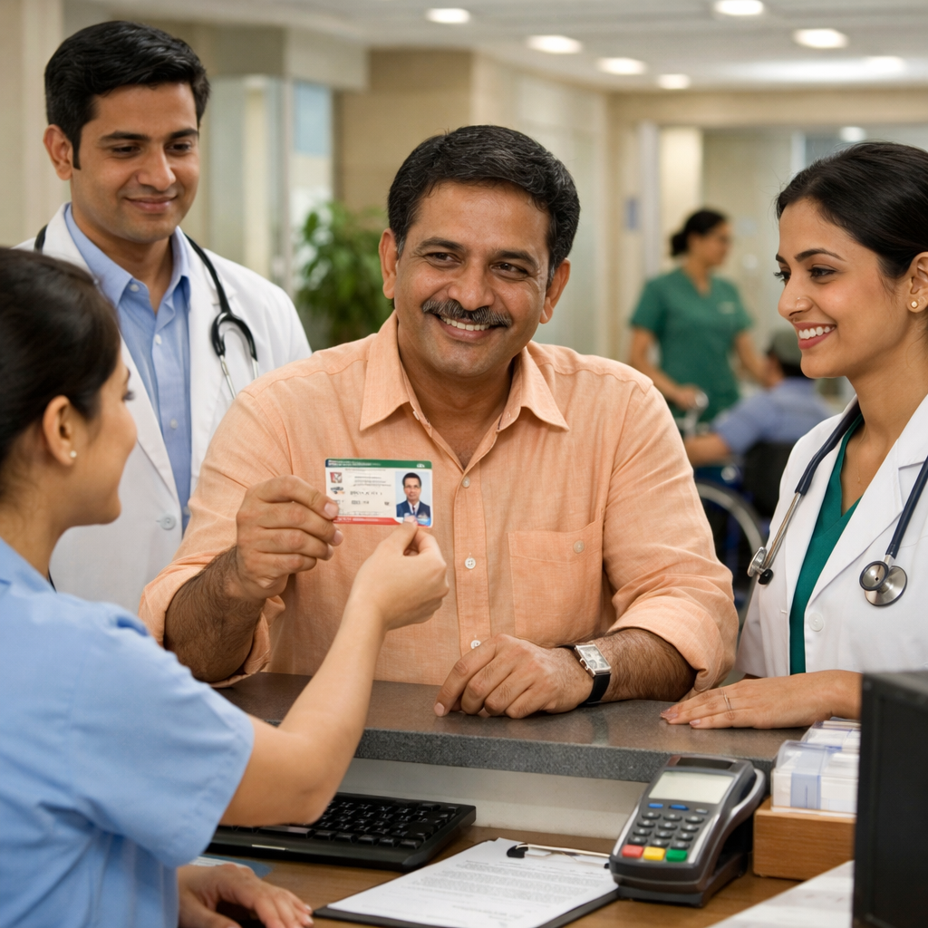 **Alt text:** Indian patient confidently presenting an Ayushman Bharat card at a hospital helpdesk while healthcare staff assist, illustrating cashless treatment access and explaining **How to Check Ayushman Bharat Eligibility Online** in a modern Indian healthcare setting. 