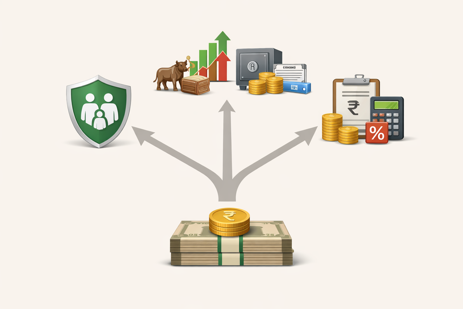 Conceptual illustration showing a single ULIP premium splitting into three paths: life insurance coverage, market investments (equity and debt), and policy charges, visually explaining What happens if I stop paying ULIP premium after 2 years, minimalist flat-realistic style, muted colors, Indian financial context.