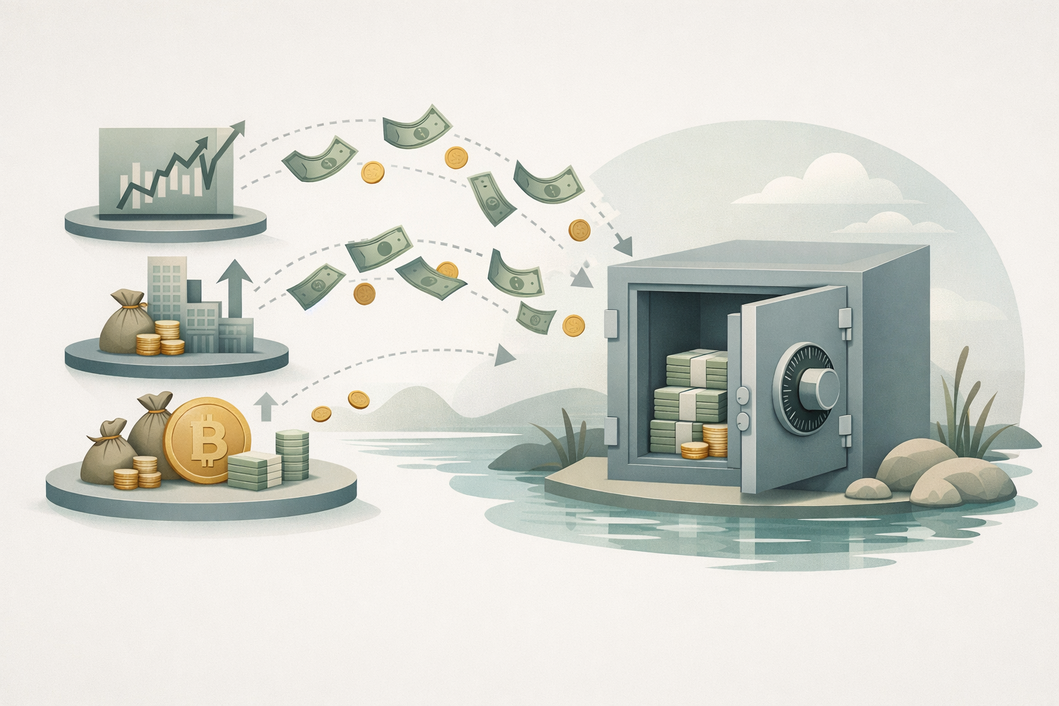 Conceptual illustration showing money being transferred from dynamic market-linked investments like stocks, bonds, and cryptocurrency into a secure, low-activity safe fund, visually representing stability and low-risk financial planning, illustrating the scenario of What happens if I stop paying ULIP premium after 2 years