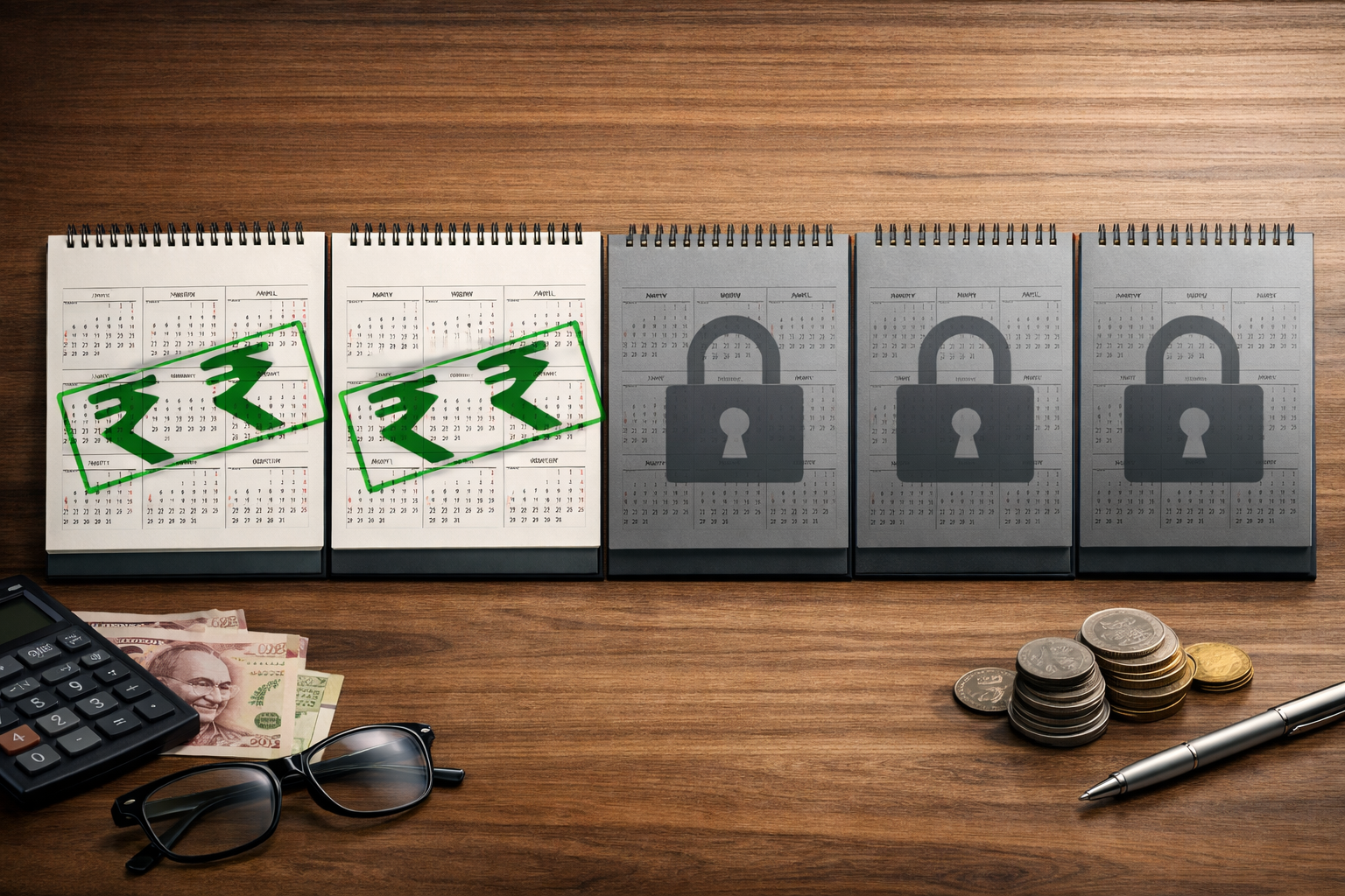 Editorial-style illustration of a five-year calendar on a wooden desk, showing the first two years marked as paid and the next three years locked with padlock icons, surrounded by Indian currency, coins, glasses, a calculator, and a pen, representing financial planning. Conceptually illustrates the scenario of What happens if I stop paying ULIP premium after 2 years?
