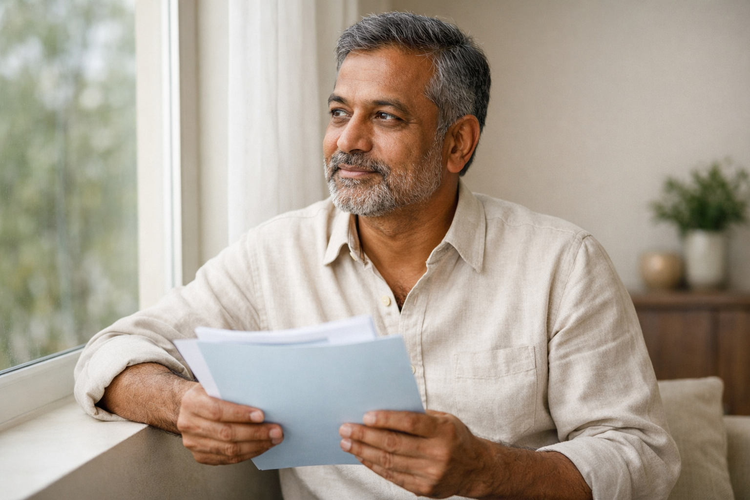 An Indian adult sitting calmly by a window in natural daylight, holding health insurance documents with a thoughtful expression, illustrating the topic “Can I Get Health Insurance If I Have Depression as a Pre-Existing Condition” in a reassuring, real-life context.