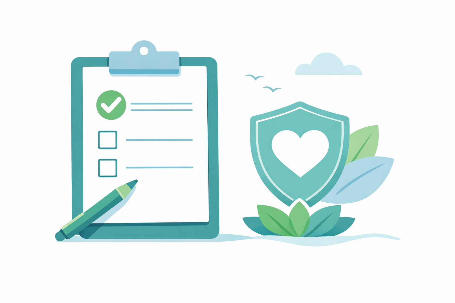 Minimal flat-style illustration of a health insurance checklist with a green checkmark and protective shield icon, representing mental health coverage and eligibility, explaining Can I Get Health Insurance If I Have Depression as a Pre-Existing Condition in a calm, reassuring visual style.