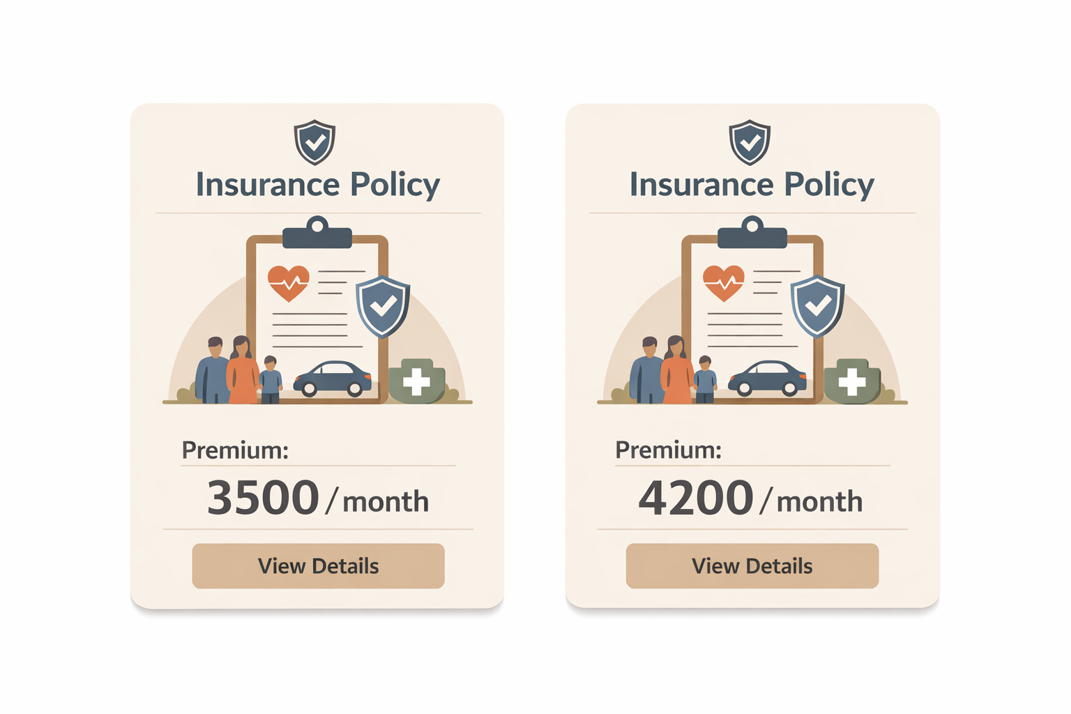 Flat illustration showing two health insurance policy cards side by side with different premium prices, representing plan comparison and coverage options, explaining Can I Get Health Insurance If I Have Depression as a Pre-Existing Condition in a modern Indian fintech insurance context.