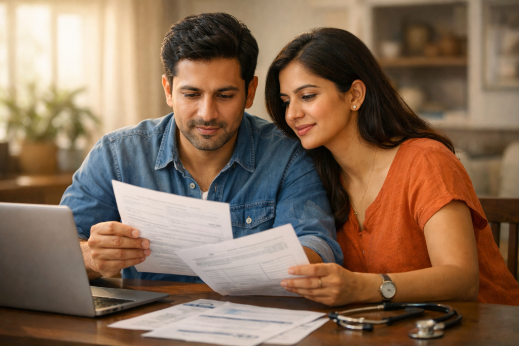 An Indian couple in their late 20s or early 30s reviewing health insurance documents together at a home dining table, with a laptop and medical papers nearby, thoughtfully considering options for health insurance with maternity cover in a warm, reassuring environment.