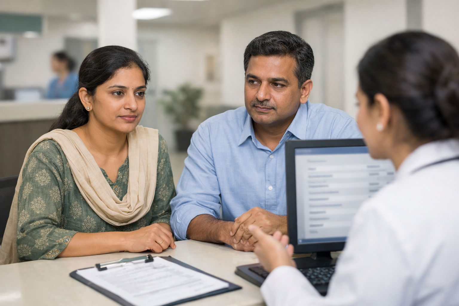 An Indian couple calmly discussing hospital billing with a receptionist at a modern hospital desk, computer screen showing a blurred invoice, illustrating considerations for health insurance with maternity cover.