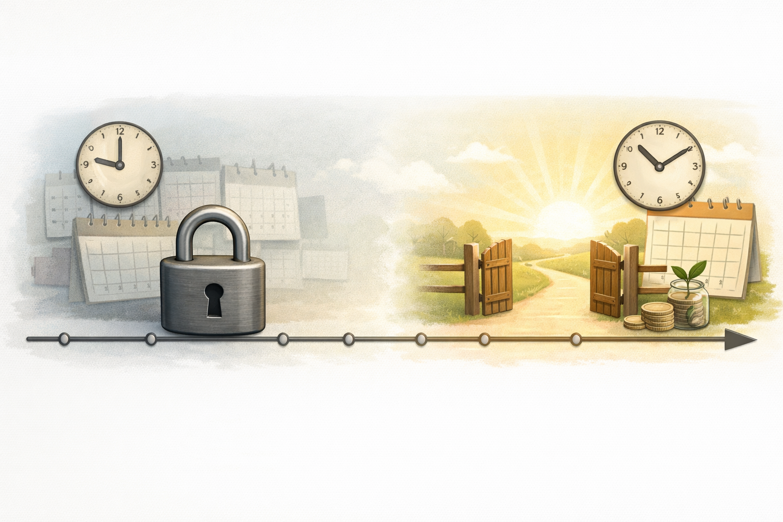 Alt text: "Conceptual editorial illustration of a multi-year timeline showing an early period visually locked with a padlock and calendars, and a later period open with a sunlit path, open gate, coins, and a small plant symbolizing growth and access, representing planning and preparation for health insurance with maternity cover."
