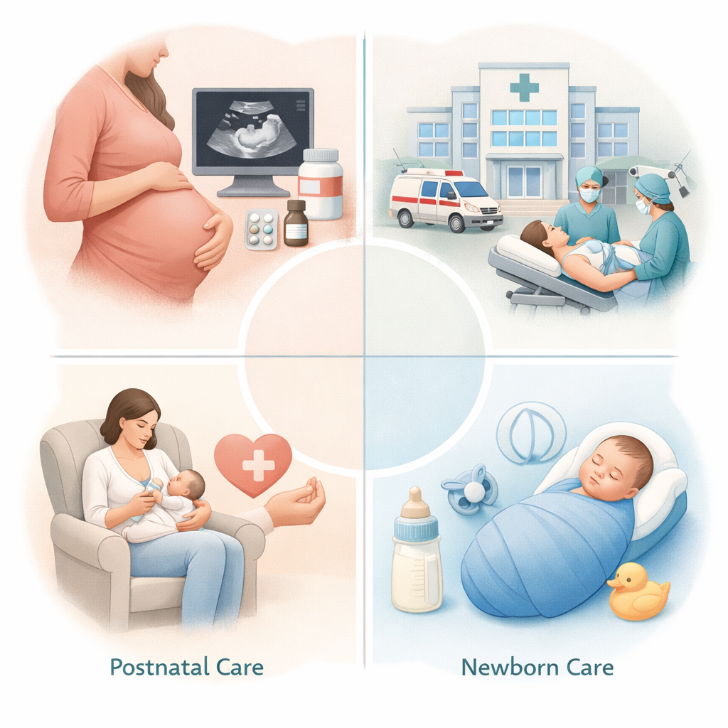 Clean, infographic-style digital illustration depicting health insurance with maternity cover, divided into four sections: prenatal care with a pregnant woman and ultrasound, hospital delivery with medical staff, postnatal care showing a mother feeding her baby, and newborn care with a swaddled infant and baby essentials, using soft medical colors and a minimalist realistic style