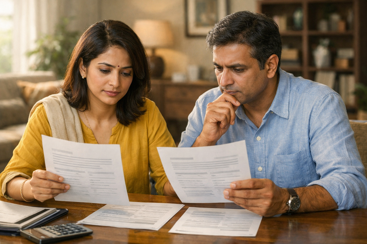 Alt text: "An Indian couple seated at a wooden table in a home setting, thoughtfully comparing two documents with calm and focused expressions, reviewing options for health insurance with maternity cover, warm natural light highlighting their professional financial decision-making mood."
