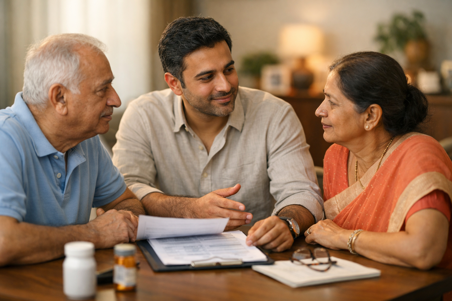 Alt text: **Medical Insurance for Parents Over 60**—an adult child sits at a dining table with elderly parents in a modern Indian home, calmly reviewing health insurance documents together in soft natural light, conveying reassurance, trust, and confident family decision-making.